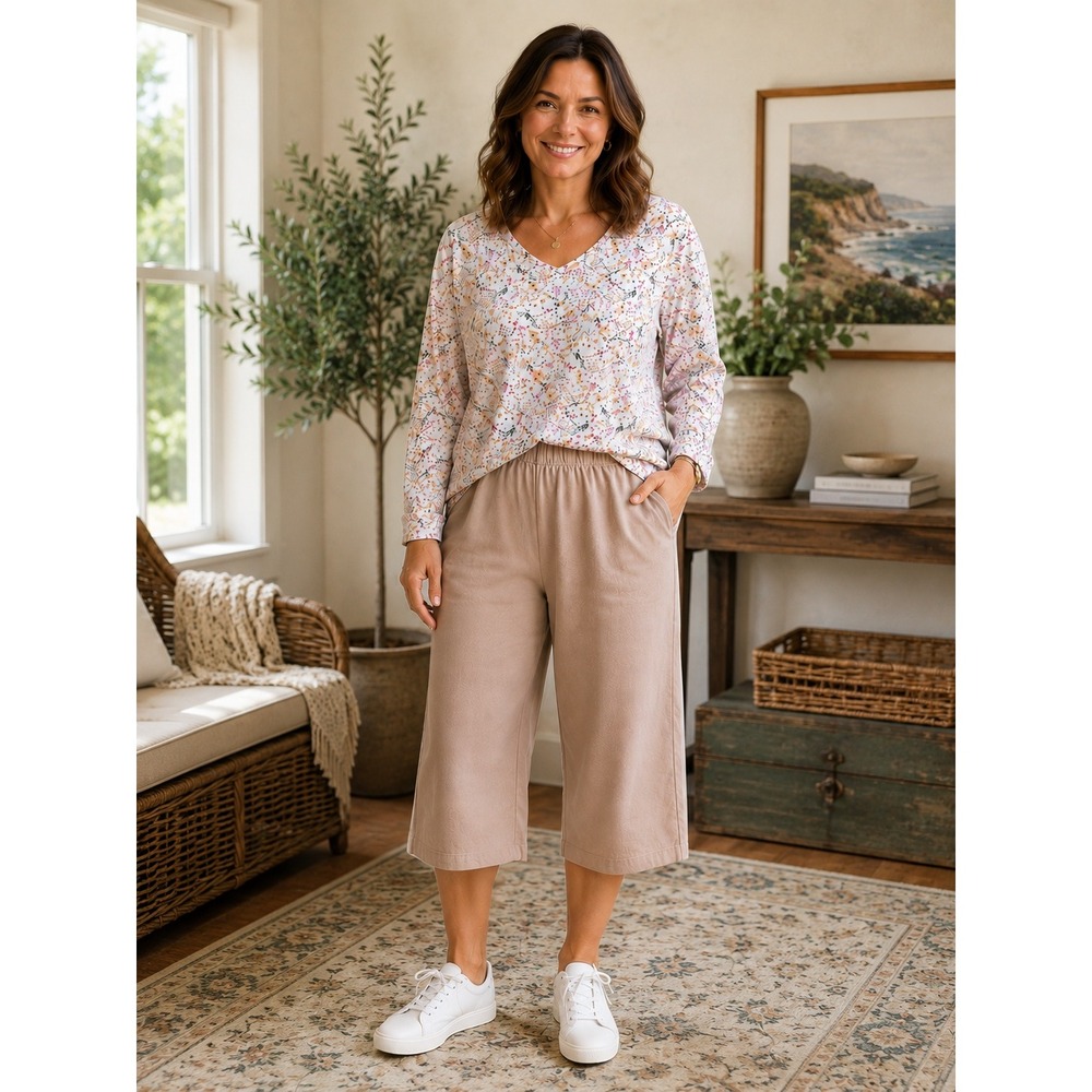 Lands End 100% Cotton Polo + Crop Pants‎ Set Womens Large Petite Tan Floral